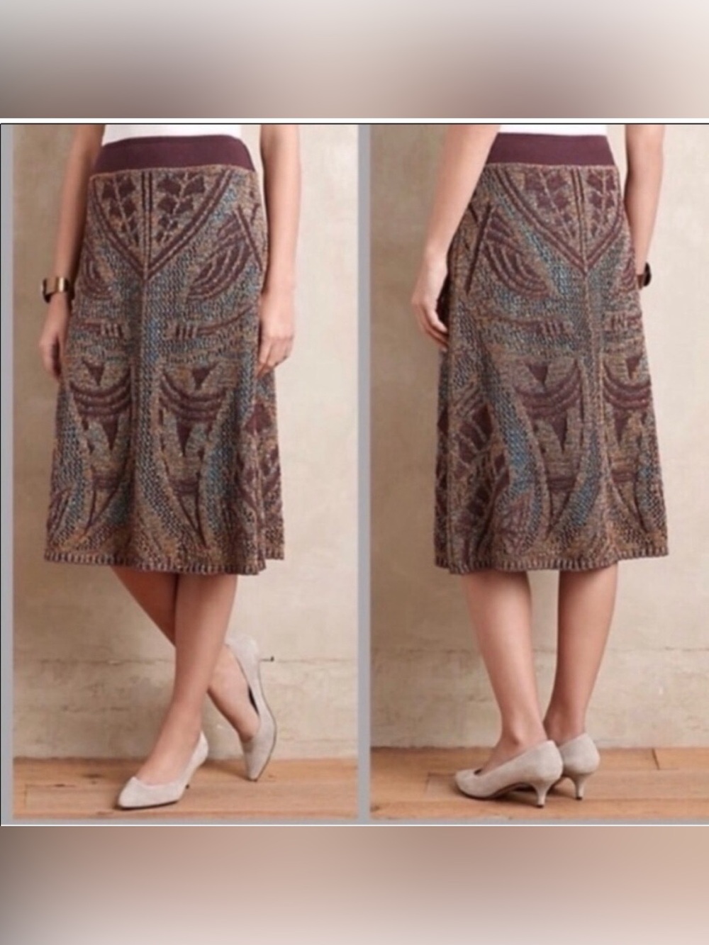 Anthropologie Cecilia Prado Lumi Wine Metallic Crochet Knit Midi Skirt Size Med